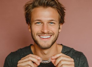 Handsome man holding Invisalign aligner