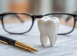 Tooth model and glasses on top of insurance document