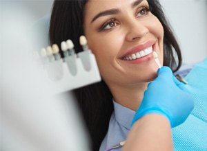 Dentist using shade guide to check color of woman’s teeth