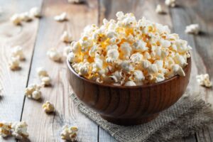 Close-up of popcorn in wooden bowl