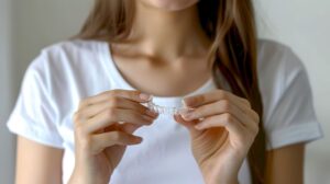 Woman in white t-shirt holding Invisalign aligner